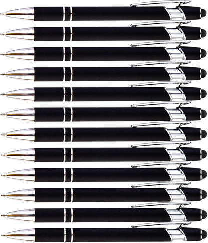 PASISIBICK 12-Piece Black Ballpoint Pen with Stylus Tip, 2 in 1 Stylish Metal Touch Screen Pen - Black Ink, 1.0 mm Medium Point - 5.5 x 0.4 inch / 14 x 1 cm