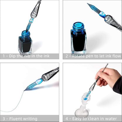molshine Handmade Glass Dip Pen Crystal Calligraphy Pen Signature Dipped Pen for Artist Women Men Teens,Writing Drawing Decoration Gifts (Lake Blue)