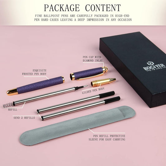 Rollerball Pens - Luxury Gift Set for Women, Refillable Black Ink Pens for Executive Office, Professional, Designer Pens (Purple)