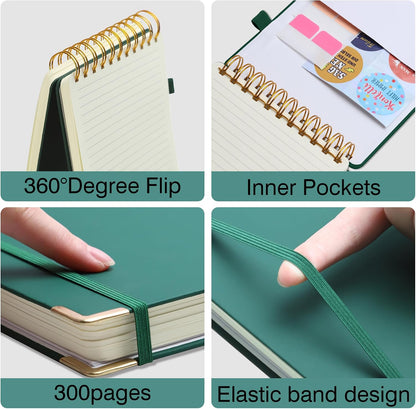 300 Pages Top Spiral Notebook 6x9 Leather Steno Pad Hardcover Steno Notebooks Top Spiral for Work Steno NotePad, 100 GSM Thick Paper, Left Handed Notebooks for Office College School, Black