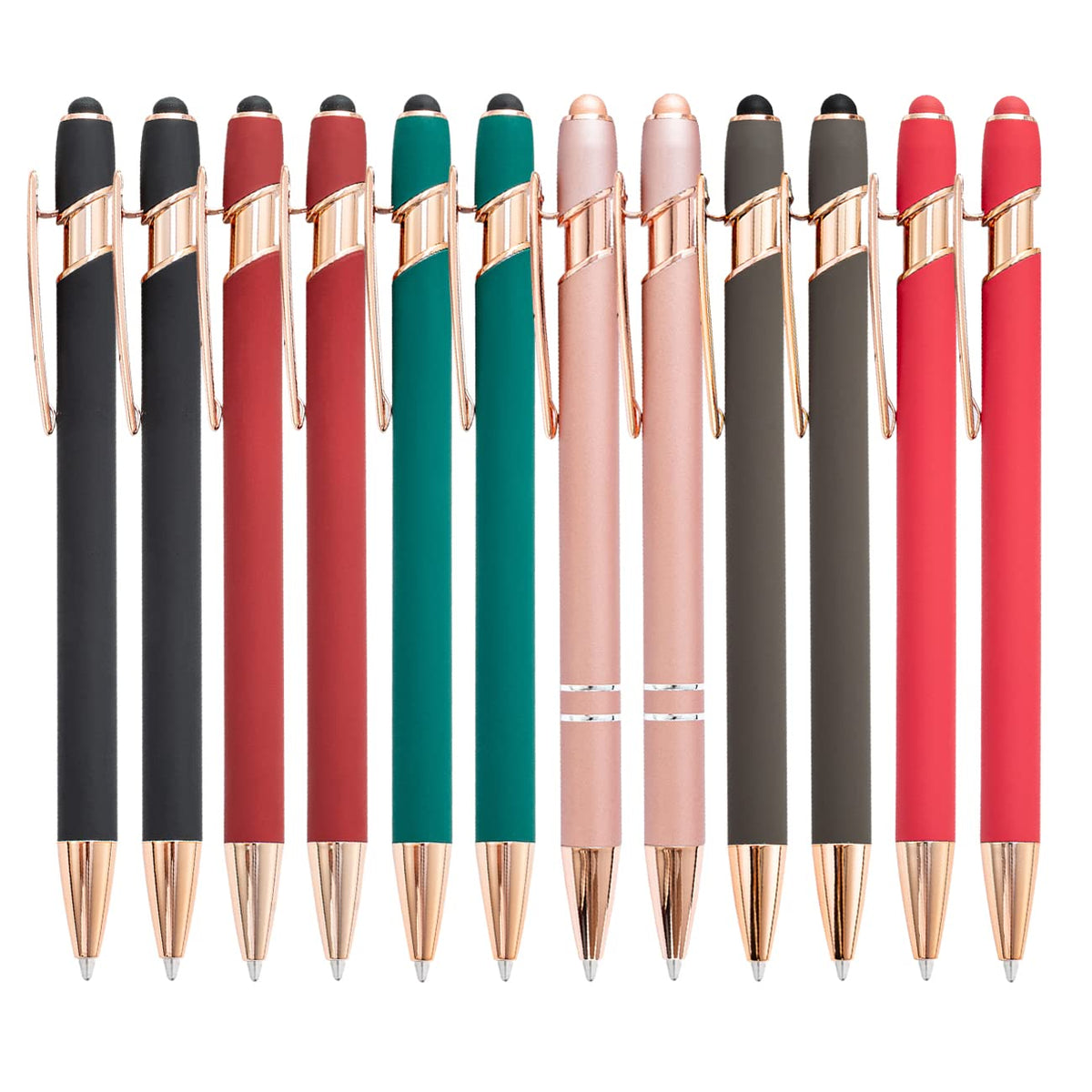 PASISIBICK 12-Piece Black Ballpoint Pen with Stylus Tip, 2 in 1 Stylish Metal Touch Screen Pen - Black Ink, 1.0 mm Medium Point - 5.5 x 0.4 inch / 14 x 1 cm