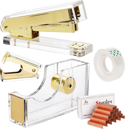Hiceeden Acrylic Gold Stapler and Tape Dispenser Set, Desk Accessories Office Supplies Includes Tape, Staple Remover and 1000pcs 24/6 Staples, Modern Cute Stapler Set for Desk
