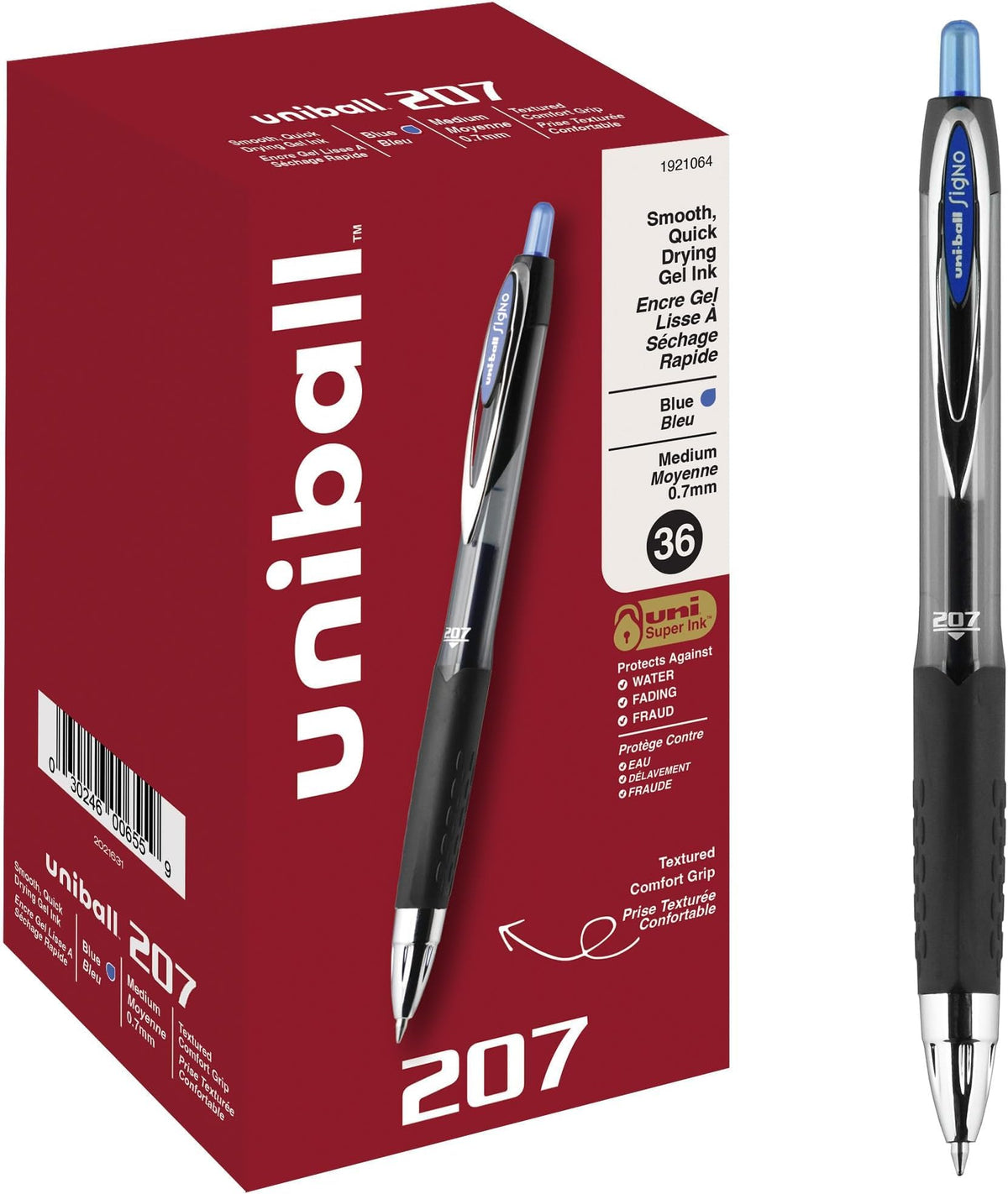 uniball™ 207 Gel Pens, Black Ink, 0.7mm Medium Point, Retractable, 12 Count