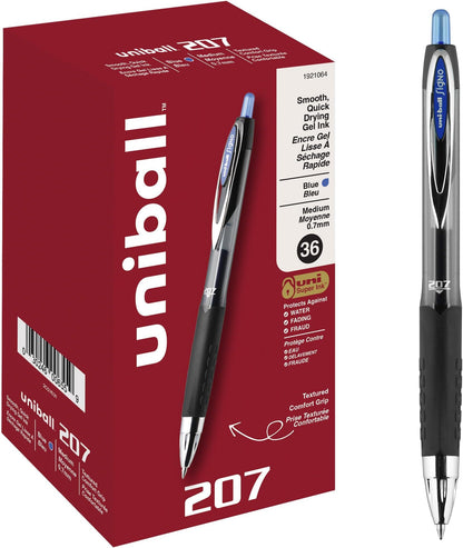 uniball™ 207 Gel Pens, Black Ink, 0.7mm Medium Point, Retractable, 12 Count
