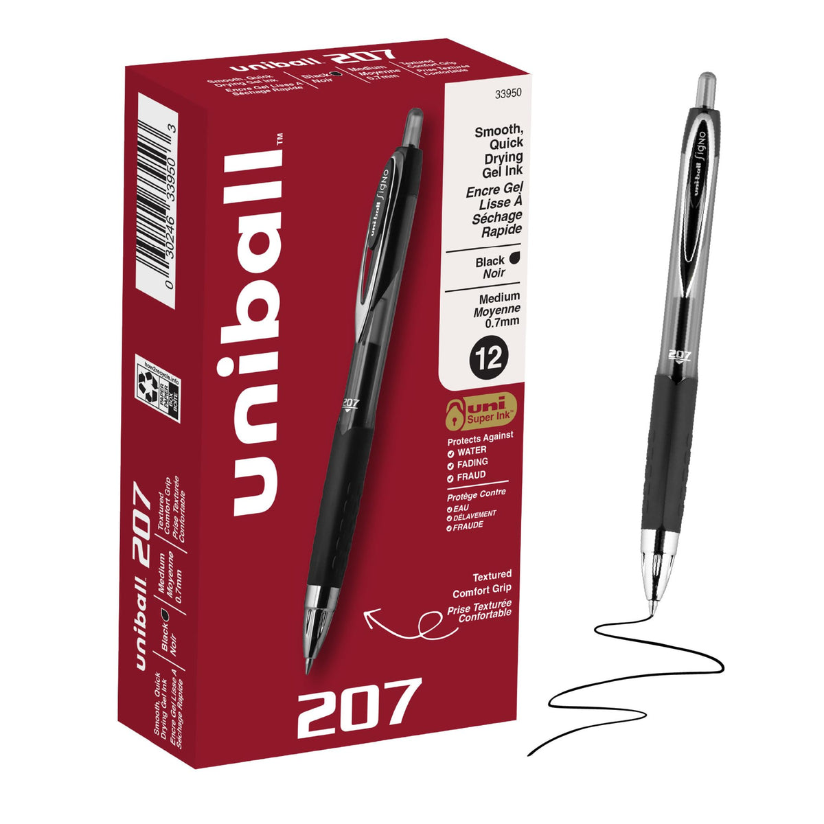 uniball™ 207 Gel Pens, Black Ink, 0.7mm Medium Point, Retractable, 12 Count