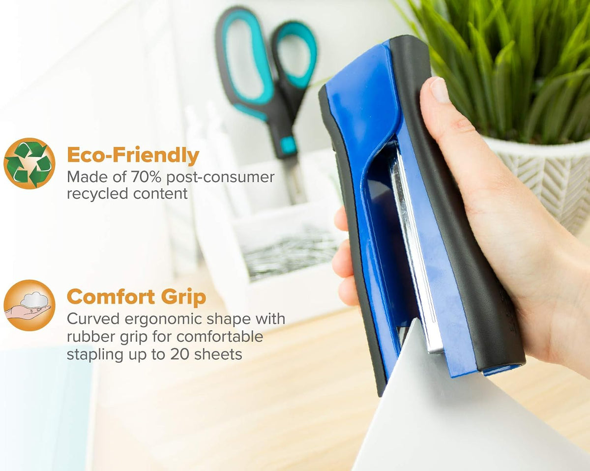 Bostitch Office Dynamo 4 in 1 Standup Stapler, Includes 420 Staples, 20 Sheet Capacity, Integrated Pencil Sharpener, Staple Remover & Staple Storage, Blue