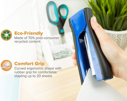 Bostitch Office Dynamo 4 in 1 Standup Stapler, Includes 420 Staples, 20 Sheet Capacity, Integrated Pencil Sharpener, Staple Remover & Staple Storage, Blue