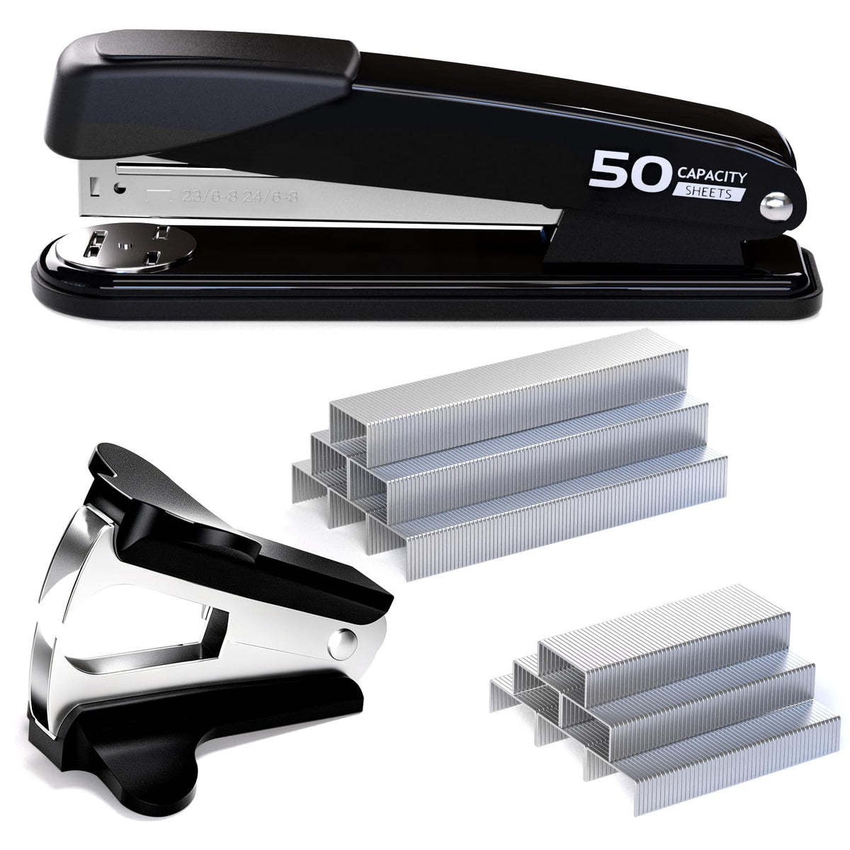 Metal Stapler Heavy Duty - 50 Sheet Capacity with 2000 Pieces 1/4", 5/16" Staples and Staple Remover, No Jam, Non-Slip, Stapler Heavy Duty for Desk, Classroom and Office, Black