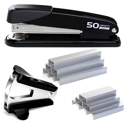 Metal Stapler Heavy Duty - 50 Sheet Capacity with 2000 Pieces 1/4", 5/16" Staples and Staple Remover, No Jam, Non-Slip, Stapler Heavy Duty for Desk, Classroom and Office, Black