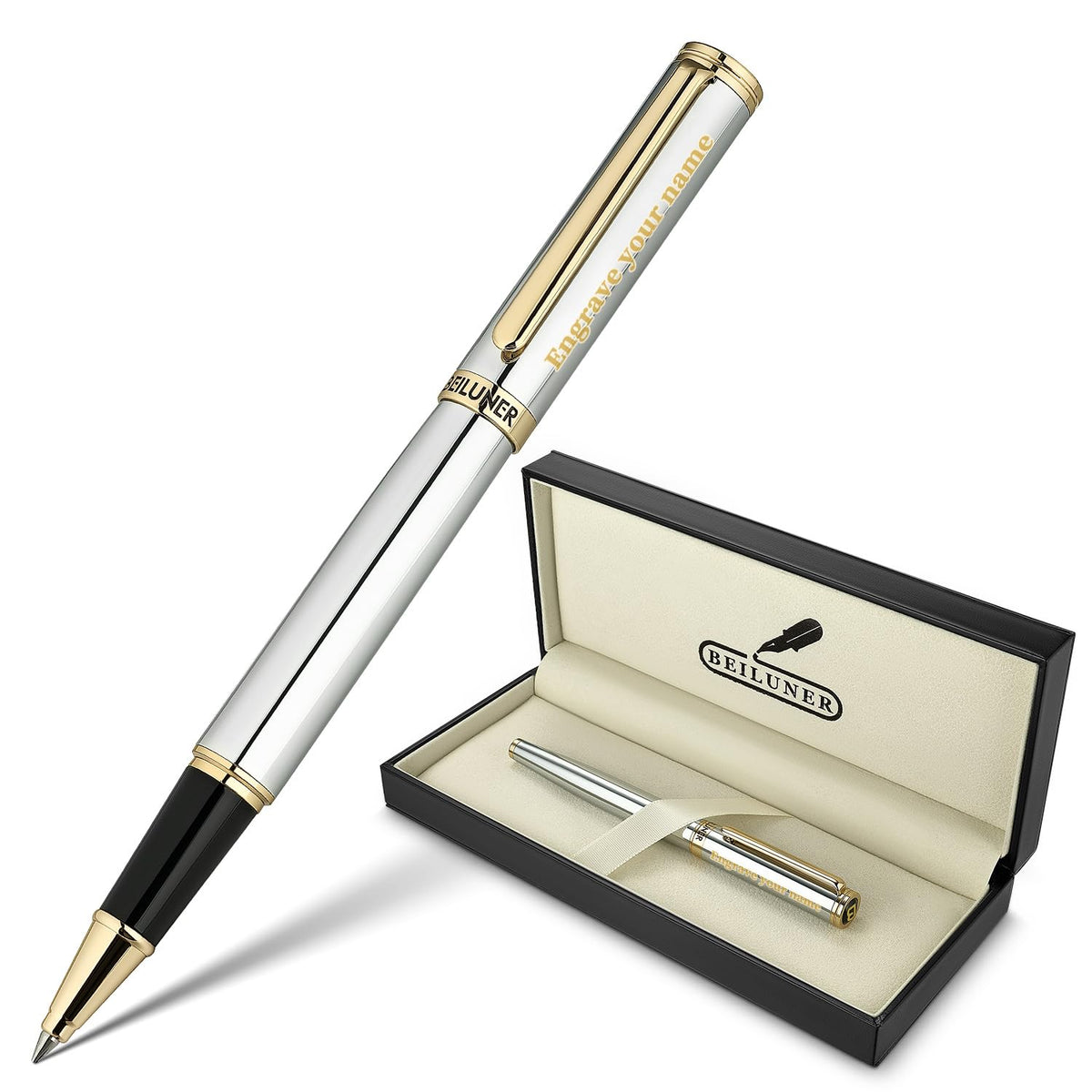 BEILUNER Luxury Rollerball Pen, Stunning Silver Chrome with 24K Gold Finish,Noble and Elegant Designs,Schneider Ink Refill, Best Gift Pen for Men & Women, Professional, Executive Office, Fancy Pens