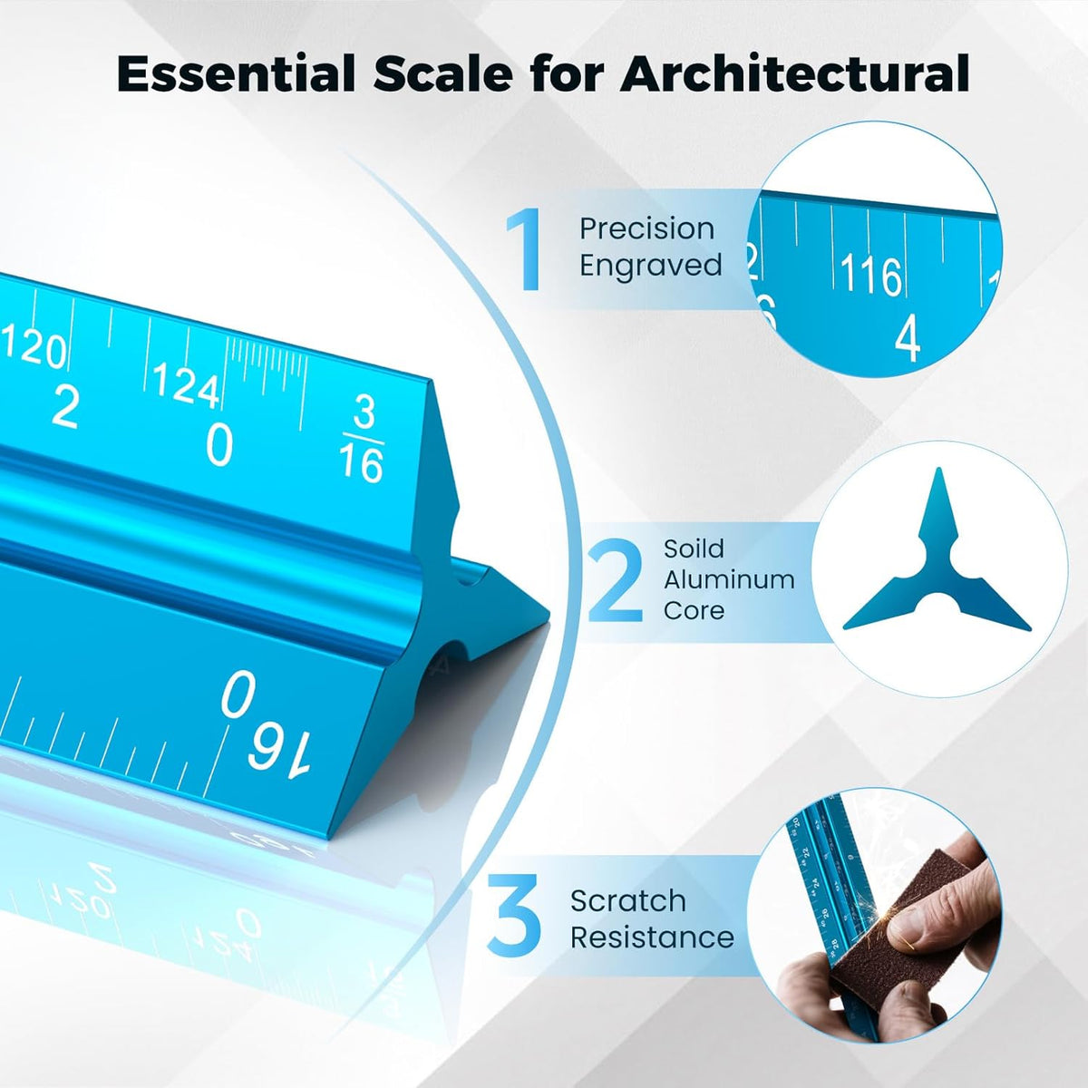 Rena Chris Architectural Scale Ruler: 12" Imperial Aluminum Alloy Metal Architecture Measuring Tools, Engineering Drafting Construction Drawing Blueprints Triangular Architect Scaling Rulers 12 Inches