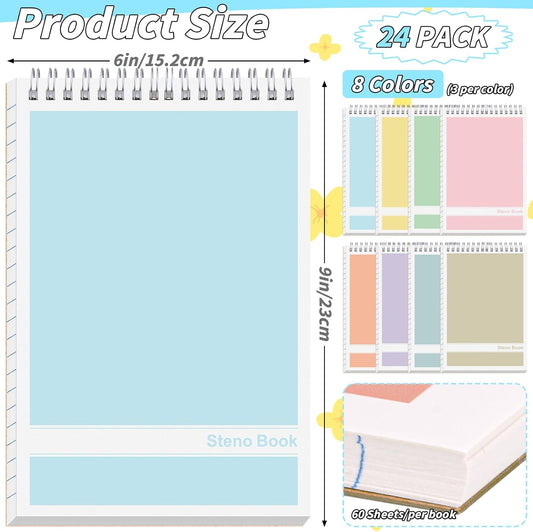 24 Pack Steno Pads 6 x 9 in Spiral Top Notebook Bulk 8 Assorted Color Note Pad 60 Sheets Gregg Rule Writing Paper Steno Notebooks for Students Teachers Men Women Professionals Office School Recording