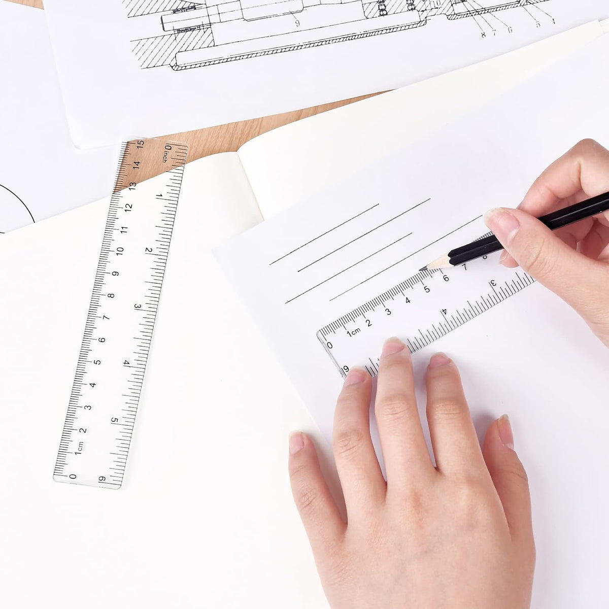 Unjoo Clear Plastic Ruler 6 Inch Straight Rulers, for School, Office, 2pcs