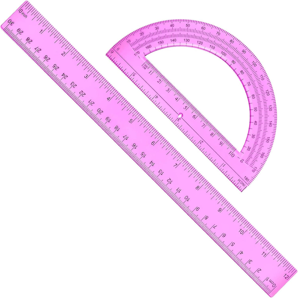 2 Packs 12 Inch Plastic Ruler and 6 Inch Plastic Protractor Set Clear Math Geometry Set Classroom Set Angle Detector School Supplies Classroom Ruler Home Office Drawings (Pink)
