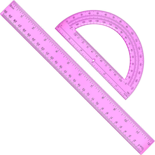 2 Packs 12 Inch Plastic Ruler and 6 Inch Plastic Protractor Set Clear Math Geometry Set Classroom Set Angle Detector School Supplies Classroom Ruler Home Office Drawings (Pink)