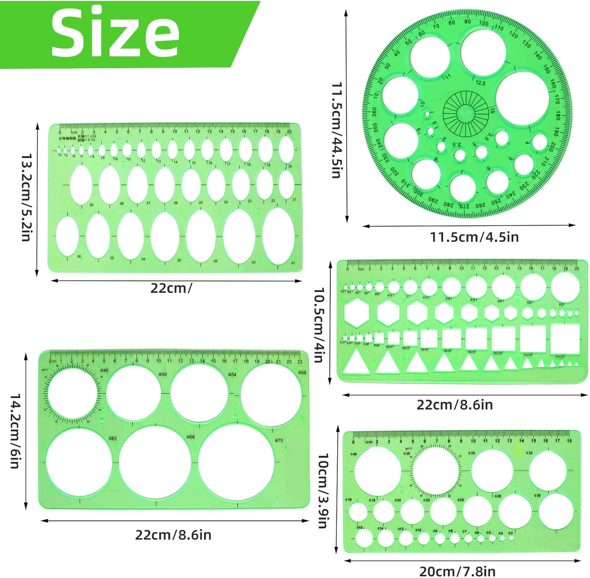 5PCS Circle Template Measuring Geometry Ruler Geometric Drawings Stencils Rulers, Plastic Circle and Oval Measuring Templates(Green)
