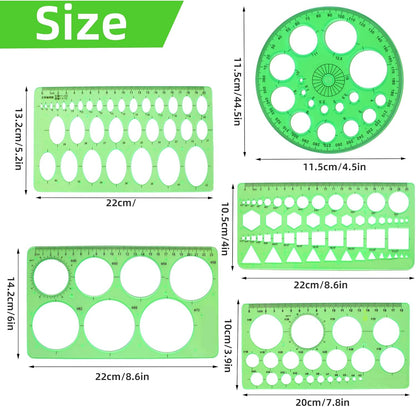 5PCS Circle Template Measuring Geometry Ruler Geometric Drawings Stencils Rulers, Plastic Circle and Oval Measuring Templates(Green)