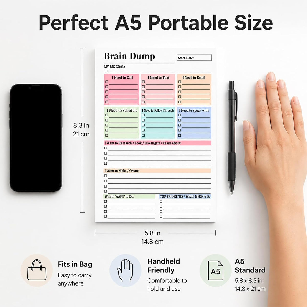 50 Page Brain Dump Notepad,Daily Planning Management Manual Multi-Functional Partitioned To-Do Notebook, Brain Dump Tear-Off To Do Notebook,Notepad Minimal Planning Tool A5 Size