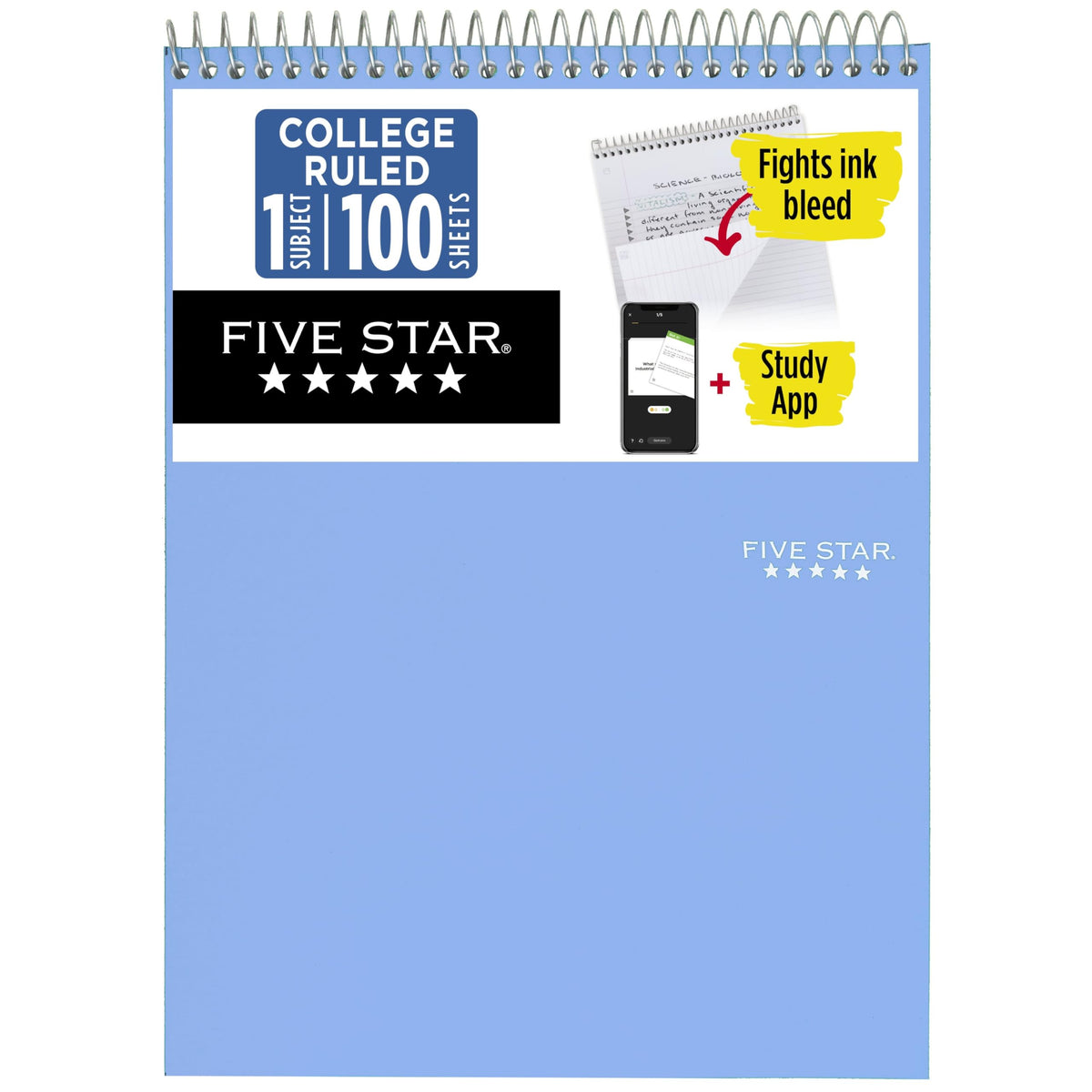 Five Star Top Spiral Notebook + Study App, 1 Subject, College Ruled Notepad, 8-1/2" x 11", 100 Sheets, Fights Ink Bleed, Water Resistant Cover, Black (820058A-ECM)