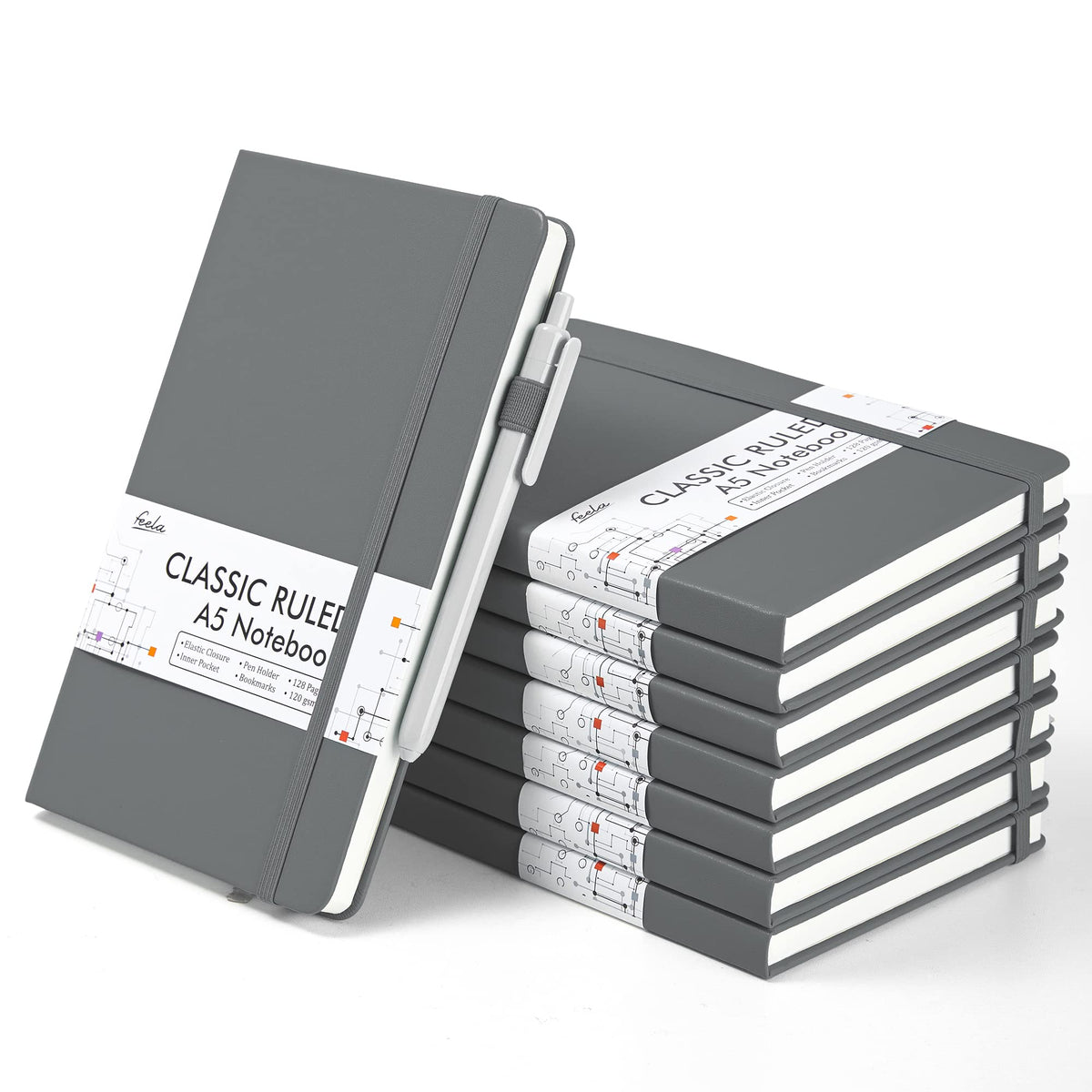 feela 8 Pack Journal Notebook Bulk for School, Hardcover Business Notebooks Classic Ruled Lined Journals with Pen Holder for Work Note Taking, with 8 Black Pens, 120 GSM, 5.1”x8.3”, A5, Black