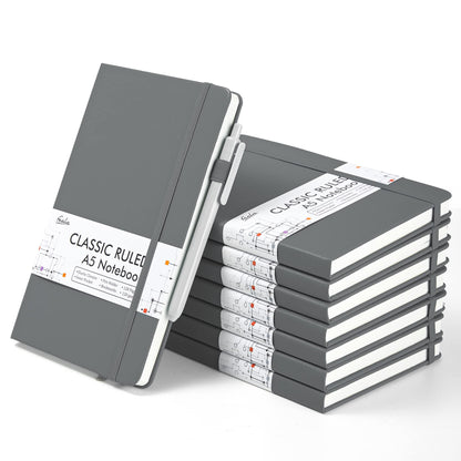 feela 8 Pack Journal Notebook Bulk for School, Hardcover Business Notebooks Classic Ruled Lined Journals with Pen Holder for Work Note Taking, with 8 Black Pens, 120 GSM, 5.1”x8.3”, A5, Black