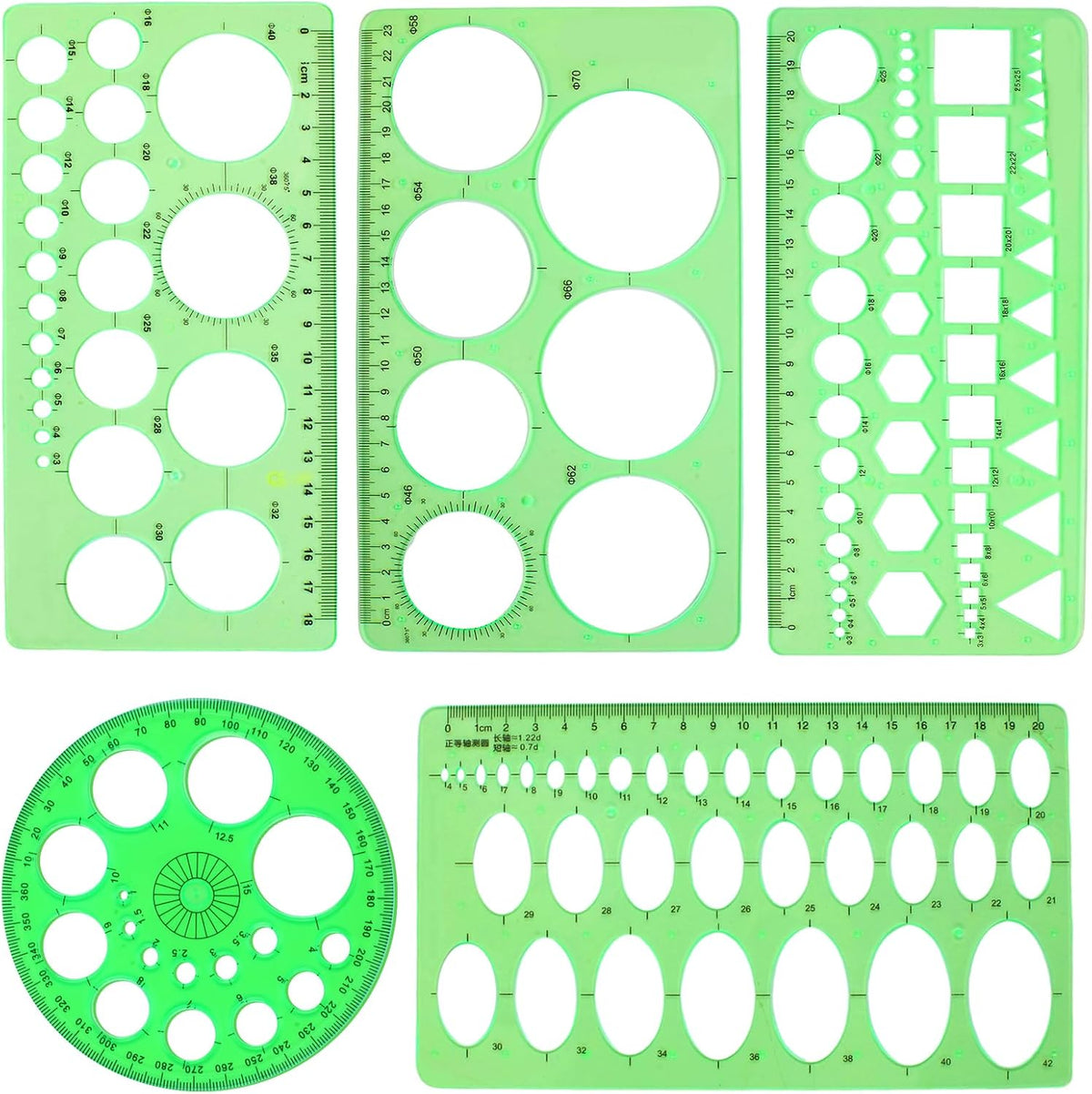 5PCS Circle Template Measuring Geometry Ruler Geometric Drawings Stencils Rulers, Plastic Circle and Oval Measuring Templates(Green)