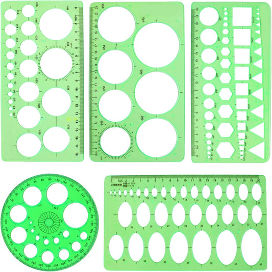 5PCS Circle Template Measuring Geometry Ruler Geometric Drawings Stencils Rulers, Plastic Circle and Oval Measuring Templates(Green)