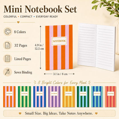 24 Pack Colorful Striped Mini Notebook Bulk Colorful Striped Small Lined Notebooks Set Pocket Journal Notepads for Back to School Students Teachers Employee Classroom Prize Office Supplies 5x3 Inch