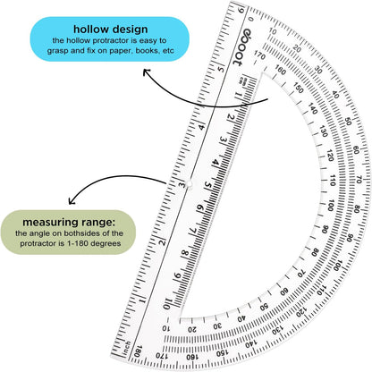 Zonon 2 Pcs 12 Inch Clear Ruler and 6 Inch Plastic Protractor Set, Clear