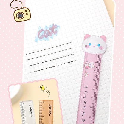 4Pcs Cat Rulers, 15cm Cute Cartoon Plastic Ruler Set for School
