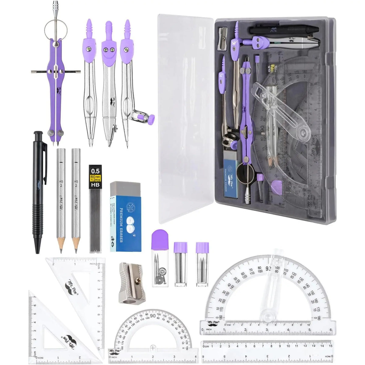 - Geometry Set, 15 count Set with 6 Inch Swing Arm Protractor | IncludesMetal Divider, Set Squares, Ruler, Compasses for Math for Drafting & School Supplies