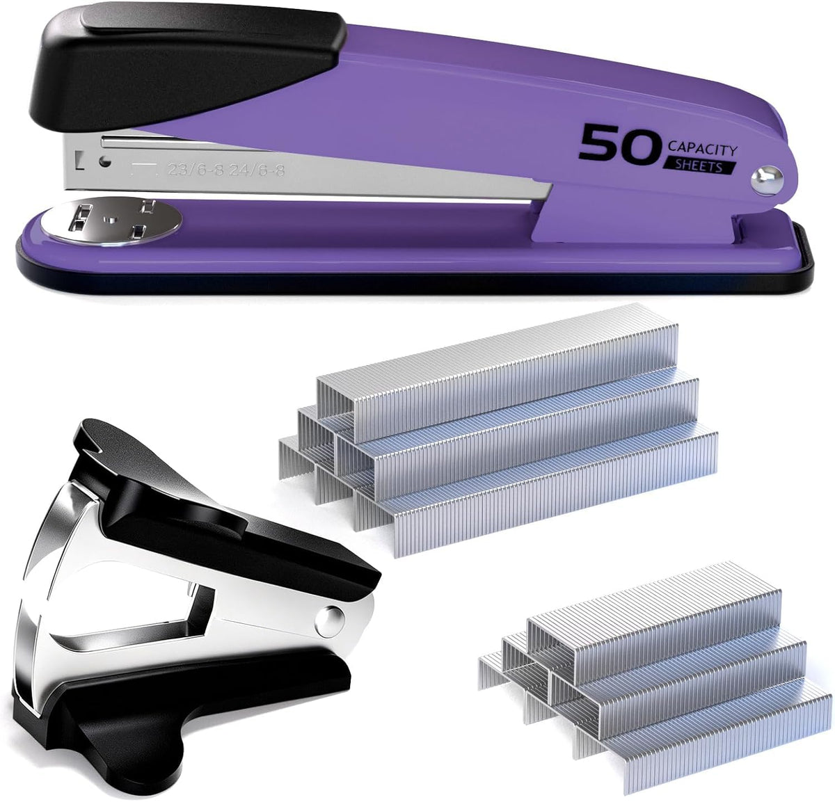 Metal Stapler Heavy Duty - 50 Sheet Capacity with 2000 Pieces 1/4", 5/16" Staples and Staple Remover, No Jam, Non-Slip, Stapler Heavy Duty for Desk, Classroom and Office, Black