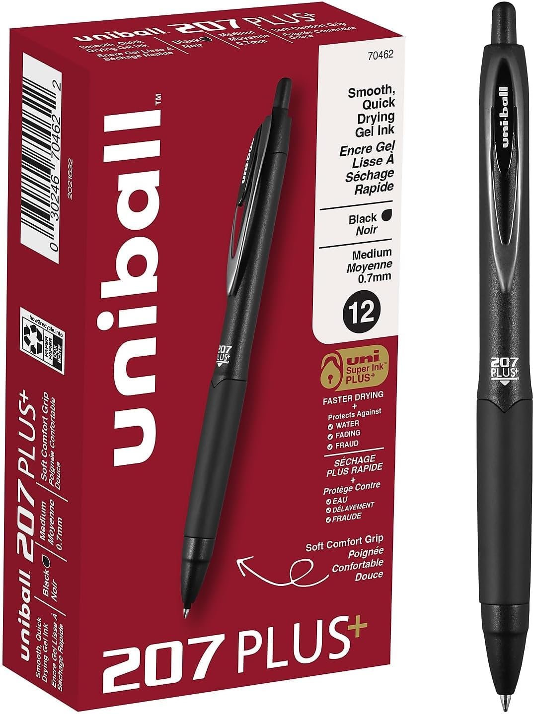 uniball™ 207 Plus+ Gel Pens, Black Ink, 0.7mm Medium Point, 4 Count