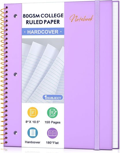 Spiral Notebook College Ruled Paper 8" x 10-1/2", 1 Subject Spiral Notebook 80GSM Paper, 3-Hole Punched Perforated Pages Ideal for School, Office, Writing, 75 Sheets Lined Journaling Notebook, Purple