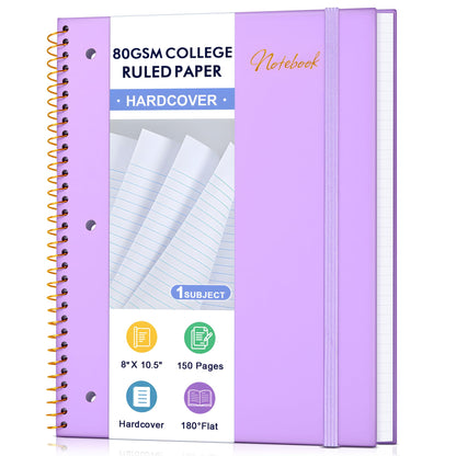 Spiral Notebook College Ruled Paper 8" x 10-1/2", 1 Subject Spiral Notebook 80GSM Paper, 3-Hole Punched Perforated Pages Ideal for School, Office, Writing, 75 Sheets Lined Journaling Notebook, Purple