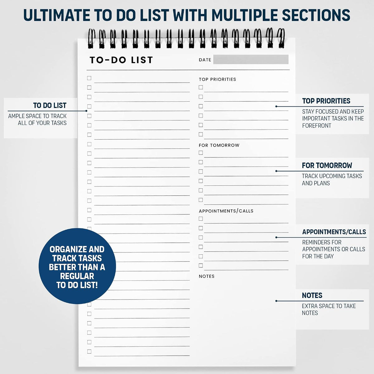 To Do List Notepad with Multiple Functional Sections, Spiral Daily Planner