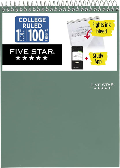 Five Star Top Spiral Notebook + Study App, 1 Subject, College Ruled Notepad, 8-1/2" x 11", 100 Sheets, Fights Ink Bleed, Water Resistant Cover, Seaglass Green (820058C-ECM)
