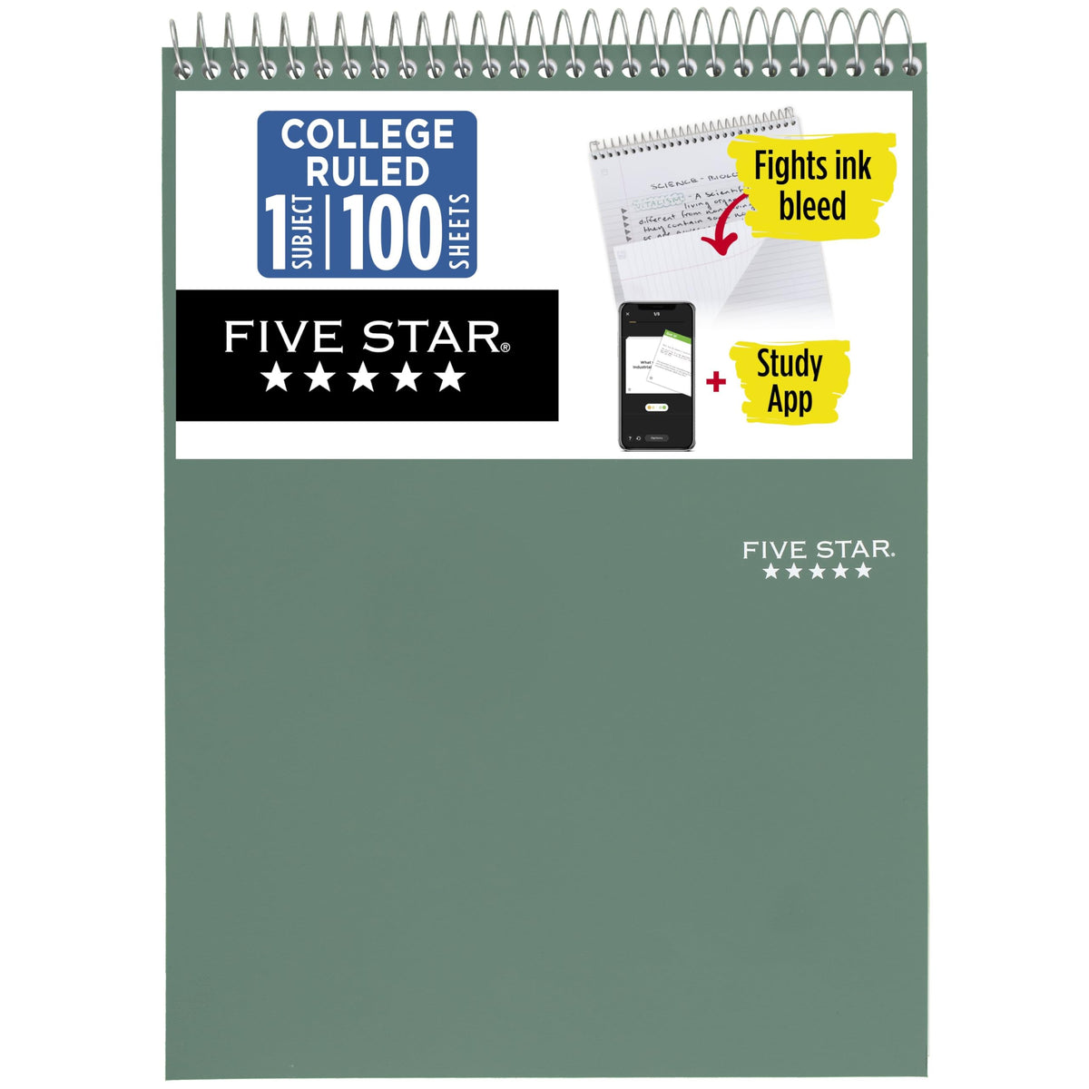 Five Star Top Spiral Notebook + Study App, 1 Subject, College Ruled Notepad, 8-1/2" x 11", 100 Sheets, Fights Ink Bleed, Water Resistant Cover, Seaglass Green (820058C-ECM)