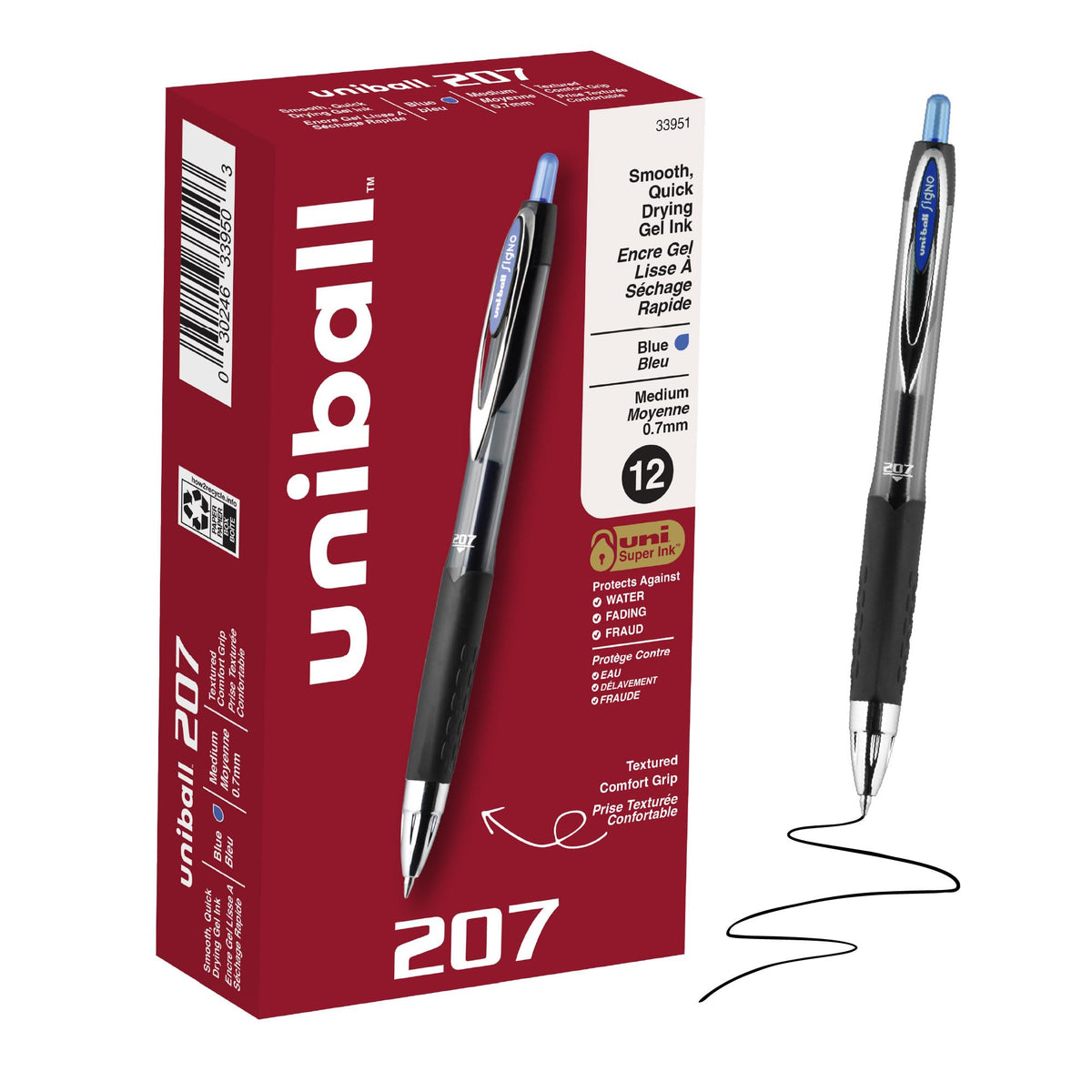 uniball™ 207 Gel Pens, Black Ink, 0.7mm Medium Point, Retractable, 12 Count