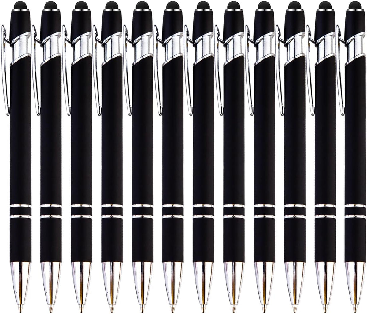 PASISIBICK 12-Piece Black Ballpoint Pen with Stylus Tip, 2 in 1 Stylish Metal Touch Screen Pen - Black Ink, 1.0 mm Medium Point - 5.5 x 0.4 inch / 14 x 1 cm