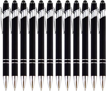 PASISIBICK 12-Piece Black Ballpoint Pen with Stylus Tip, 2 in 1 Stylish Metal Touch Screen Pen - Black Ink, 1.0 mm Medium Point - 5.5 x 0.4 inch / 14 x 1 cm