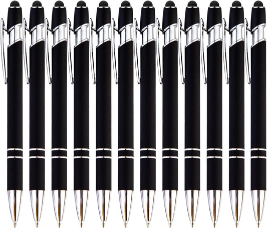 PASISIBICK 12-Piece Black Ballpoint Pen with Stylus Tip, 2 in 1 Stylish Metal Touch Screen Pen - Black Ink, 1.0 mm Medium Point - 5.5 x 0.4 inch / 14 x 1 cm