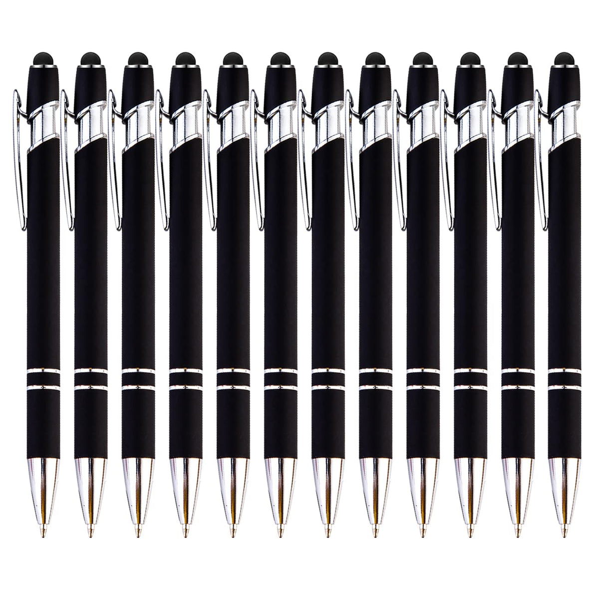 PASISIBICK 12-Piece Black Ballpoint Pen with Stylus Tip, 2 in 1 Stylish Metal Touch Screen Pen - Black Ink, 1.0 mm Medium Point - 5.5 x 0.4 inch / 14 x 1 cm