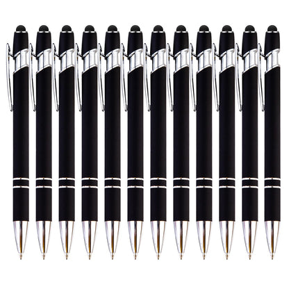 PASISIBICK 12-Piece Black Ballpoint Pen with Stylus Tip, 2 in 1 Stylish Metal Touch Screen Pen - Black Ink, 1.0 mm Medium Point - 5.5 x 0.4 inch / 14 x 1 cm