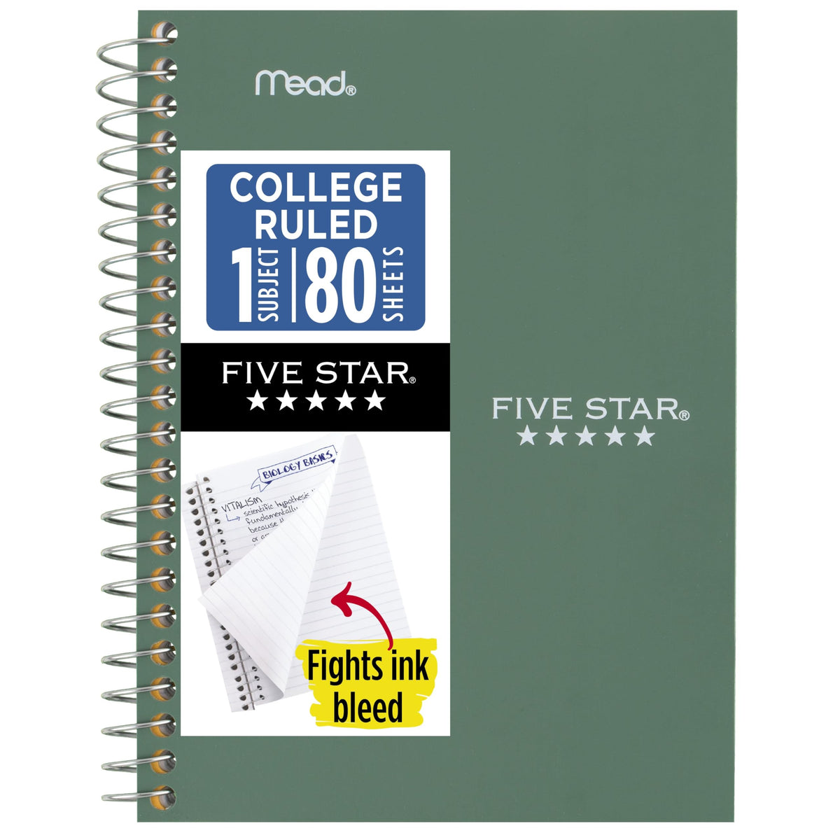 Five Star Spiral Notebook, 1 Subject, College Ruled Paper, 4-3/8" x 7", Small Size, 80 Sheets, Fights Ink Bleed, Water Resistant Cover, Seaglass Green (450048CH1-ECM)
