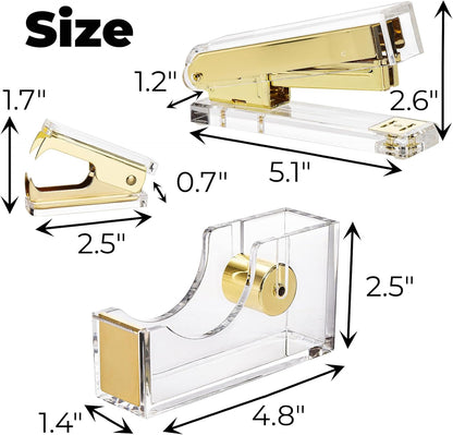 Hiceeden Acrylic Gold Stapler and Tape Dispenser Set, Desk Accessories Office Supplies Includes Tape, Staple Remover and 1000pcs 24/6 Staples, Modern Cute Stapler Set for Desk