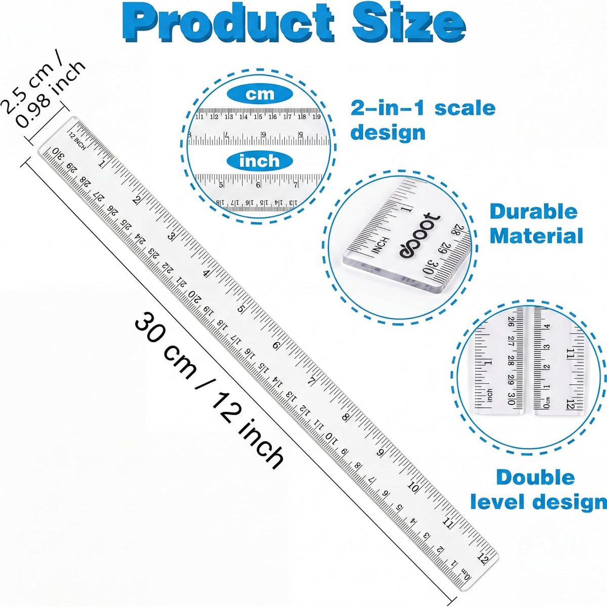 EBOOT 2 Pcs Clear Plastic Ruler Straight Ruler for School, 12 Inch