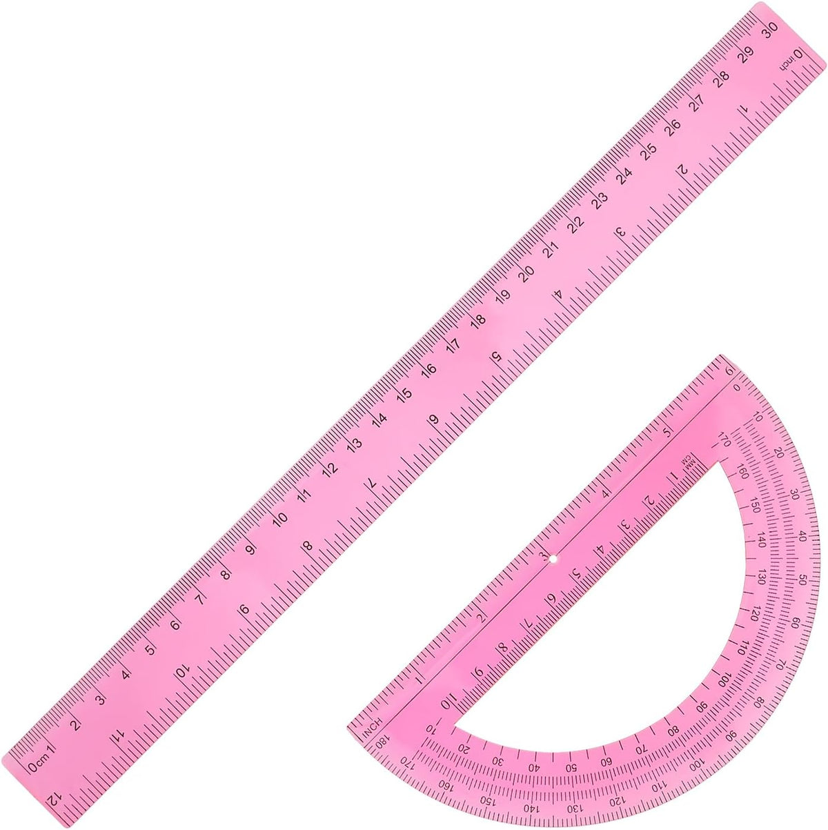 2 Pack Protractor and Ruler Set, Plastic 12 Inch Ruler and 6 Inch Protractor, Pink Clear Math Geometry Supplies for School Classroom Home Office Drawing
