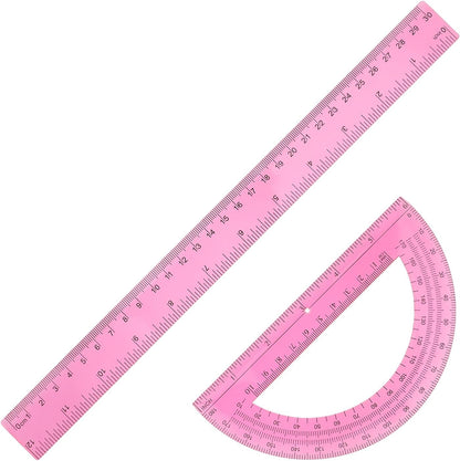2 Pack Protractor and Ruler Set, Plastic 12 Inch Ruler and 6 Inch Protractor, Pink Clear Math Geometry Supplies for School Classroom Home Office Drawing