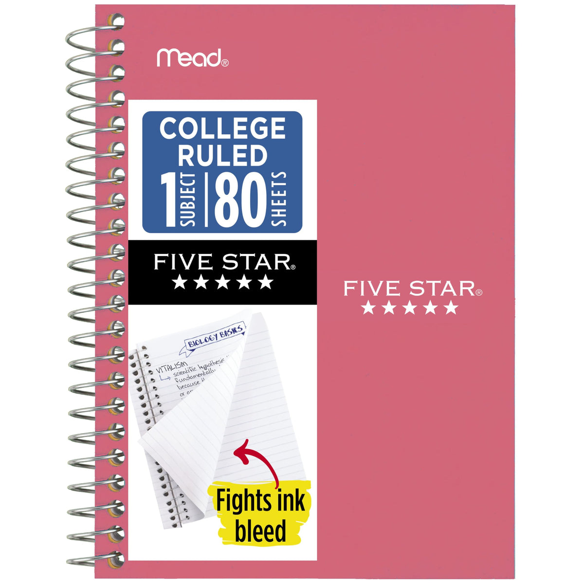 Five Star Spiral Notebook, 1 Subject, College Ruled Paper, 4-3/8" x 7", Small Size, 80 Sheets, Fights Ink Bleed, Water Resistant Cover, Seaglass Green (450048CH1-ECM)